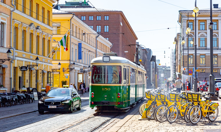 Tram and bikes on Helsinki street